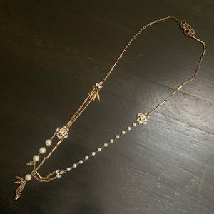 Vintage inspired long party necklace with pearls, crystals, dangles.